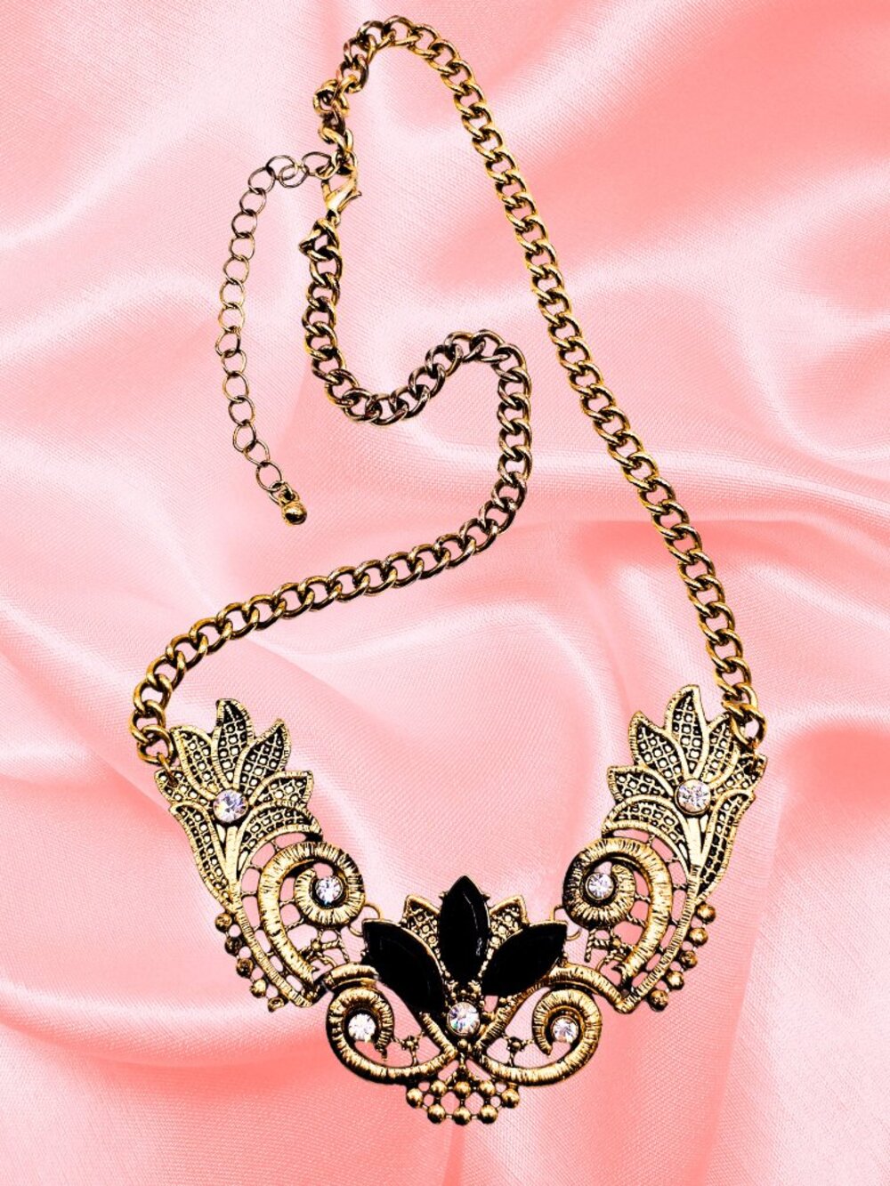 Vintage Style Gold Filigree Black Rhinestone Statement Necklace Art Nouveau